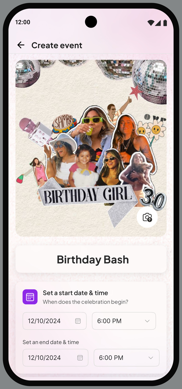 Jelly Toast create-event screen, with a cover image, the event name Birthday Bash, and start and end date and time pickers.