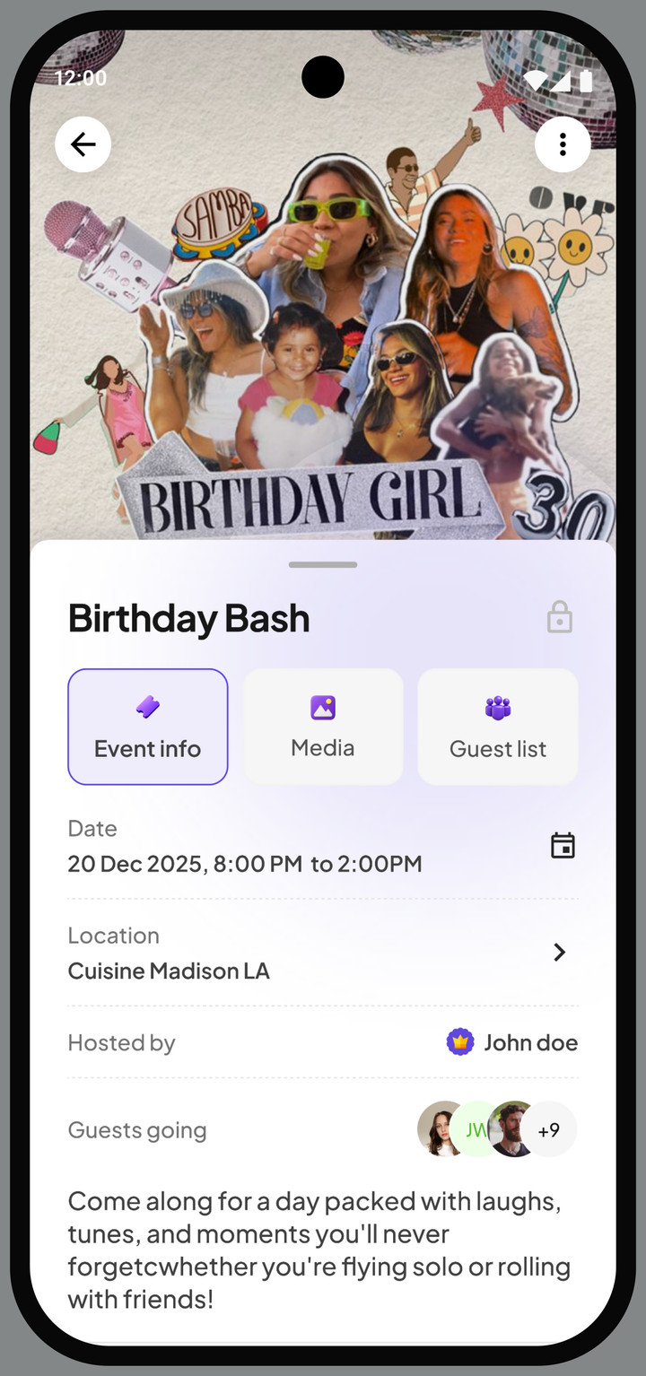A Jelly Toast event page with tabs for event info, media and guest list, showing the date, location, host and the guests going.