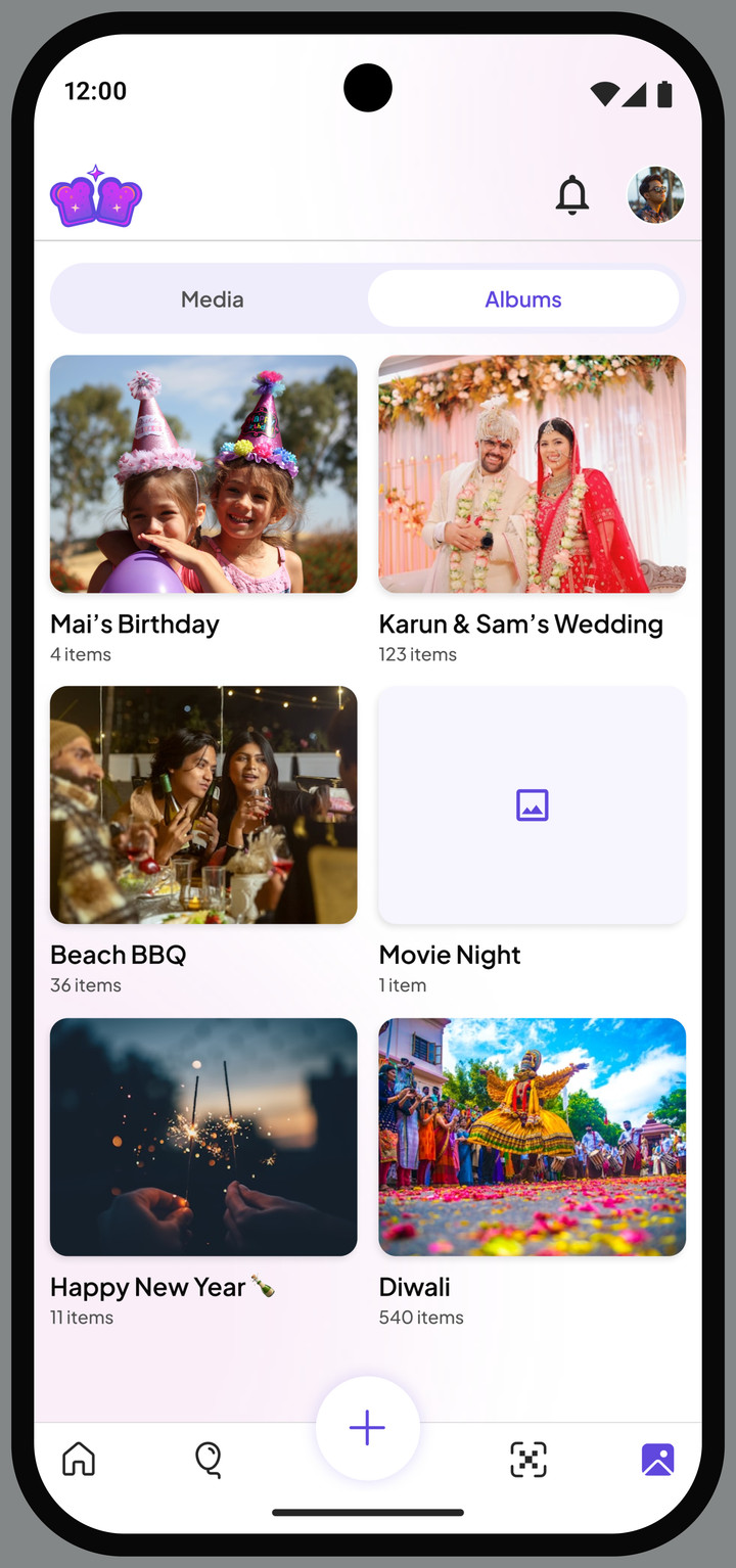 Jelly Toast Gallery on the Albums tab, showing album covers for separate celebrations.