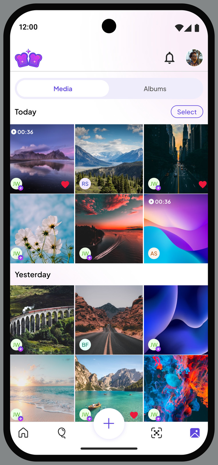 Jelly Toast Gallery on the Media tab, a grid of photos and videos grouped under Today and Yesterday.