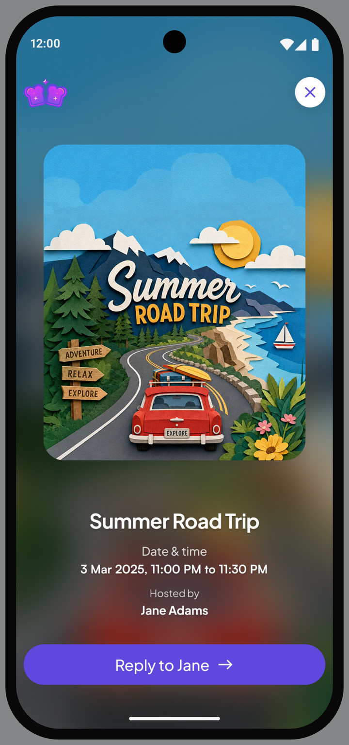 A Jelly Toast invitation for a trip called Summer Road Trip, showing the date, the host, and a button to reply to the host.