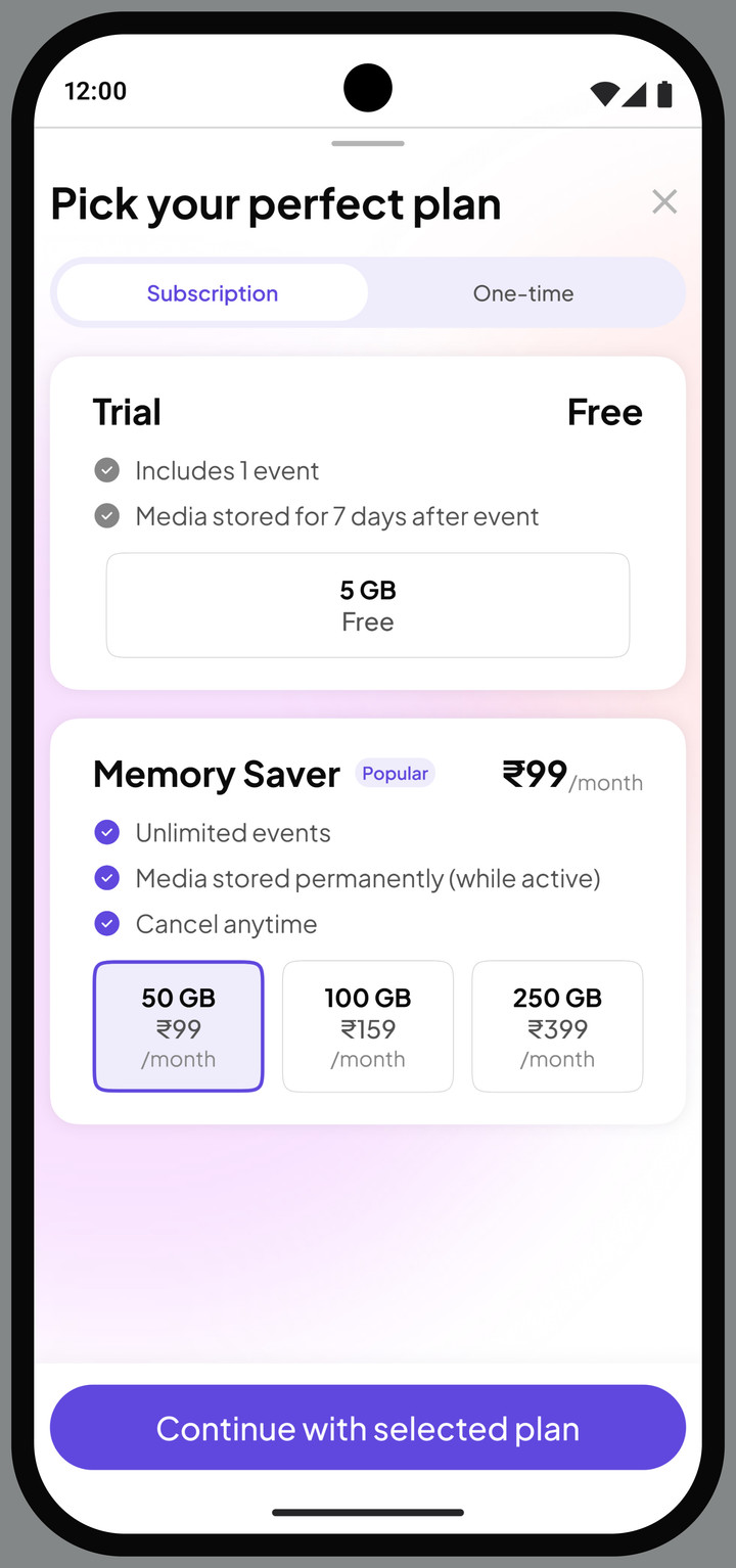 The Jelly Toast plan picker, with subscription and one-time tabs and a button to continue with the selected plan.