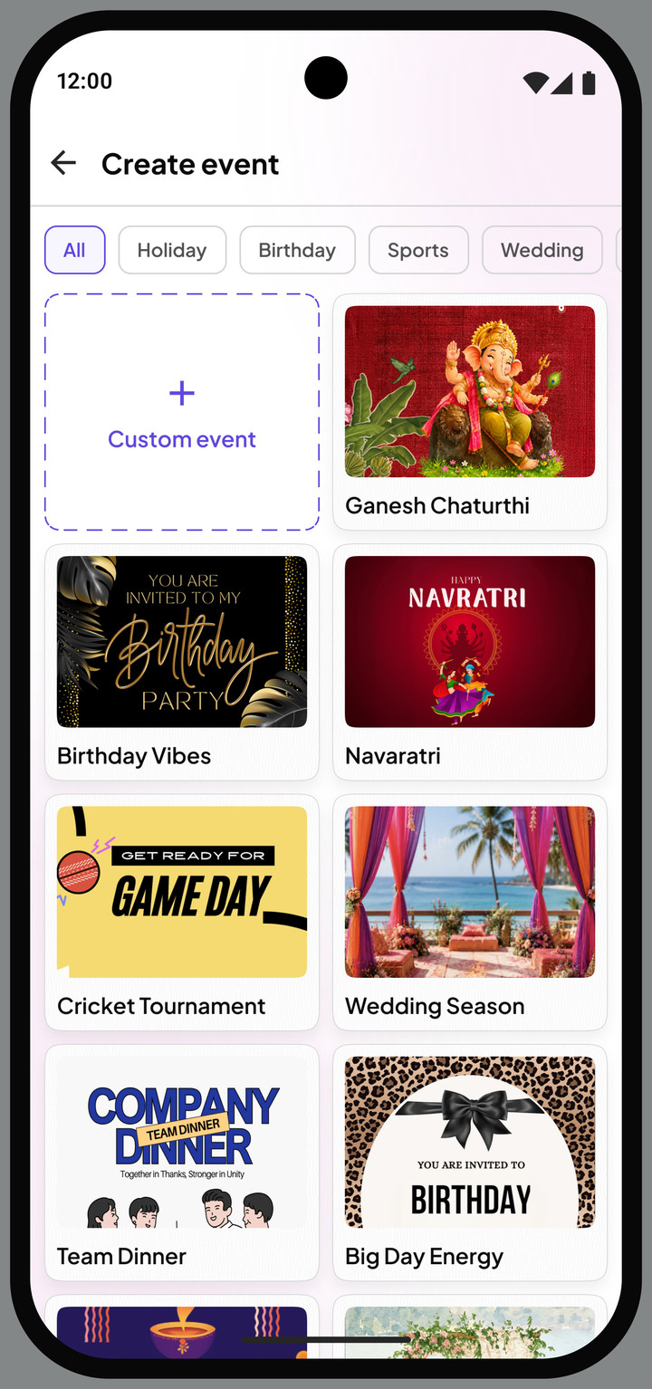 The Jelly Toast template picker for a new event, with a custom event tile and template covers for Ganesh Chaturthi, Birthday Vibes, Navaratri, Cricket Tournament, Wedding Season, Team Dinner and Big Day Energy.