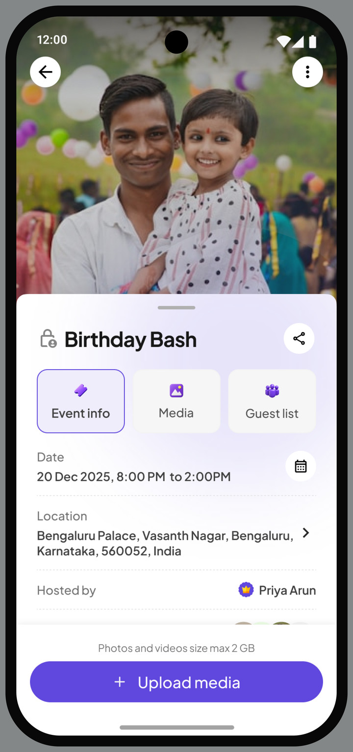 A Jelly Toast event page called Birthday Bash, with tabs for event info, media and guest list, showing the date, the location, the host, and a button to upload media.