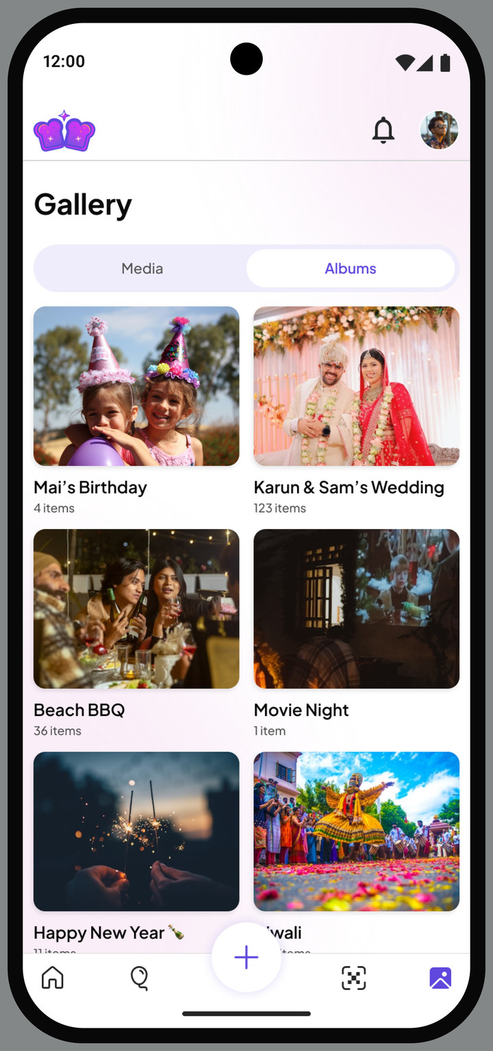 The Jelly Toast Gallery on its Albums tab, showing album covers for separate celebrations.