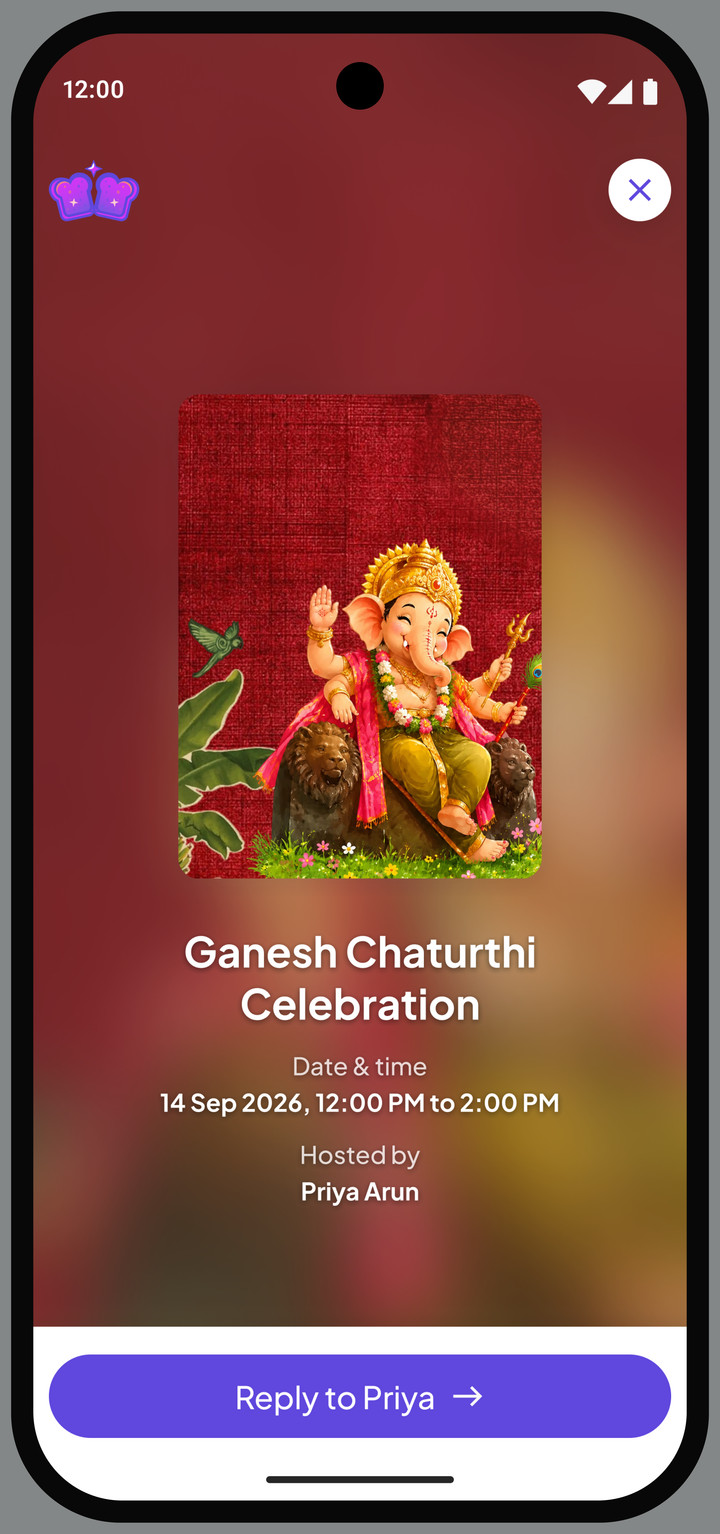 The Jelly Toast invitation a guest opens for a Ganesh Chaturthi Celebration, showing the date and time, the host Priya Arun, and a button to reply to Priya.