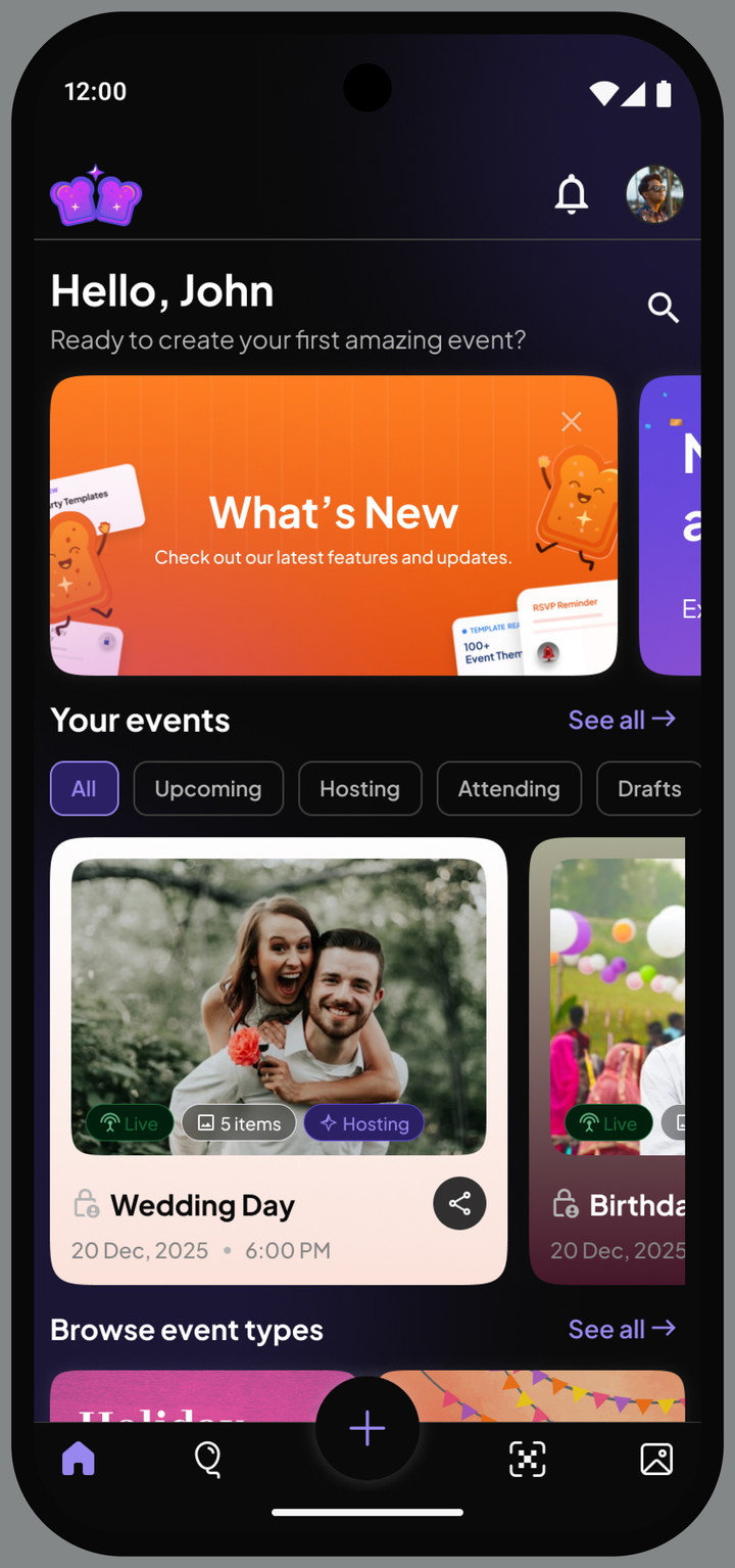The Jelly Toast home screen, with an orange What's New card reading Check out our latest features and updates, above the person's own list of events.